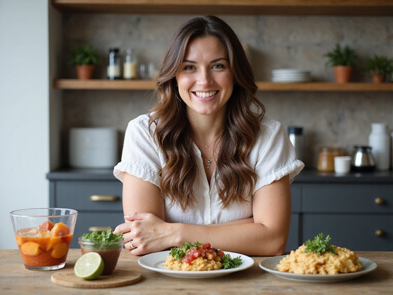 Donna sorridente che tiene un piatto di cibo sano e fresco.