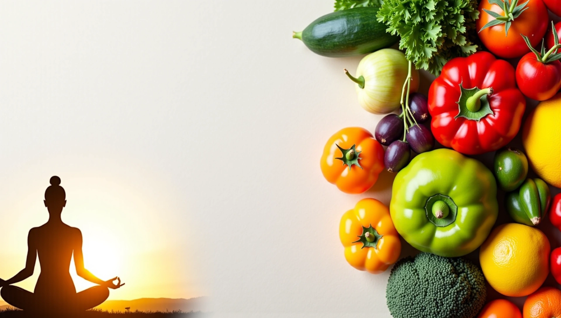Frutta fresca, verdura e persona che pratica yoga all'aperto, simboleggiando salute e benessere.